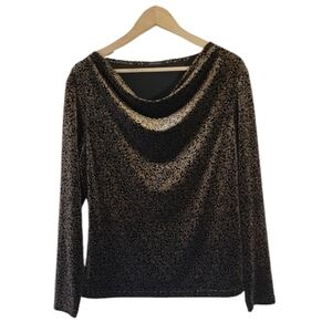 JONDEN Black Tan Paisley Velvet Blouse Sz L Drape Long Sleeve Fall Minimalist